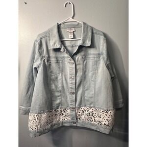 OSO Casuals Women 1X Light Wash Denim Jacket Lace Trim 3/4 Sleeve 63205EV